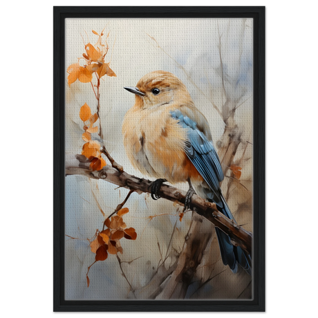 Golden Bluebird on Autumn Branch – Nature Wall Art Print - Framed Canvas - 40x60 cm / 16x24″ - Black frame