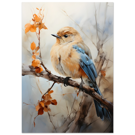 Golden Bluebird on Autumn Branch – Nature Wall Art Print - Fine Art Poster - 70x100 cm / 28x40″ - 