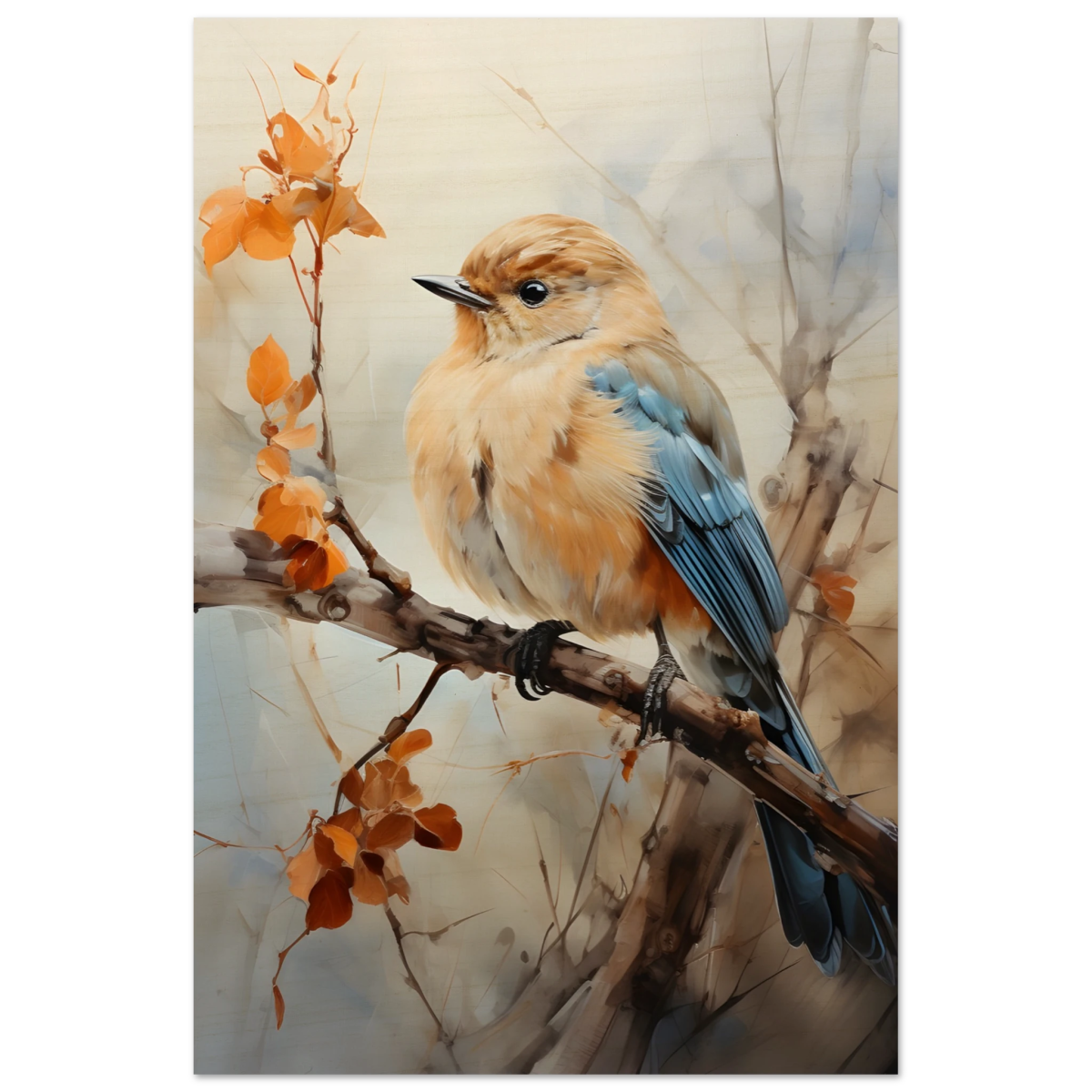 Golden Bluebird on Autumn Branch – Nature Wall Art Print - Wood Prints - 60x90 cm / 24x36″ - 