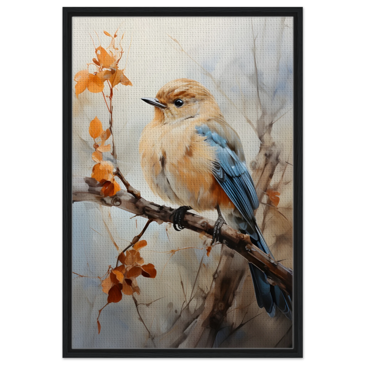 Golden Bluebird on Autumn Branch – Nature Wall Art Print - Framed Canvas - 60x90 cm / 24x36″ - Black frame