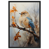 Golden Bluebird on Autumn Branch – Nature Wall Art Print - Framed Canvas - 60x90 cm / 24x36″ - Black frame