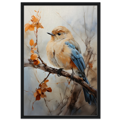 Golden Bluebird on Autumn Branch – Nature Wall Art Print - Framed Canvas - 60x90 cm / 24x36″ - Black frame