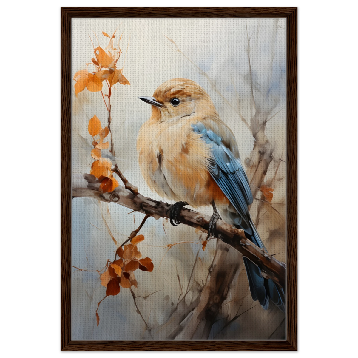 Golden Bluebird on Autumn Branch – Nature Wall Art Print - Framed Canvas - 50x75 cm / 20x30″ - Dark wood frame