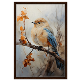Golden Bluebird on Autumn Branch – Nature Wall Art Print - Framed Canvas - 50x75 cm / 20x30″ - Dark wood frame