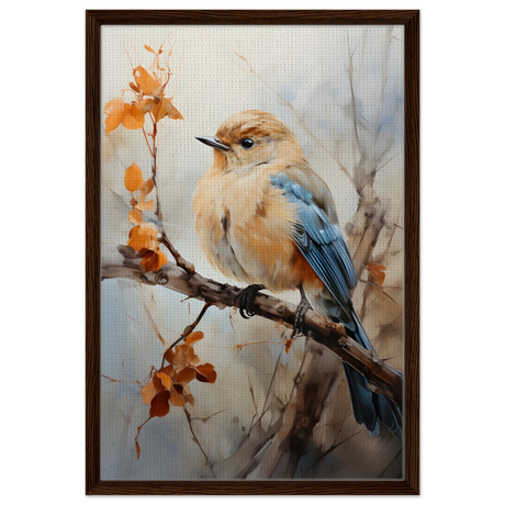 Golden Bluebird on Autumn Branch – Nature Wall Art Print - Framed Canvas - 50x75 cm / 20x30″ - Dark wood frame