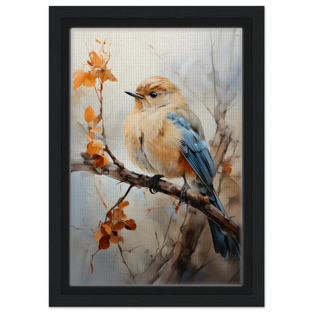 Golden Bluebird on Autumn Branch – Nature Wall Art Print - Framed Canvas - 20x30 cm / 8x12″ - Black frame