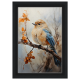 Golden Bluebird on Autumn Branch – Nature Wall Art Print - Framed Canvas - 20x30 cm / 8x12″ - Black frame