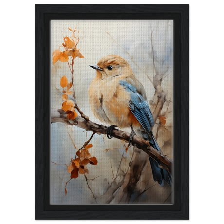 Golden Bluebird on Autumn Branch – Nature Wall Art Print - Framed Canvas - 20x30 cm / 8x12″ - Black frame