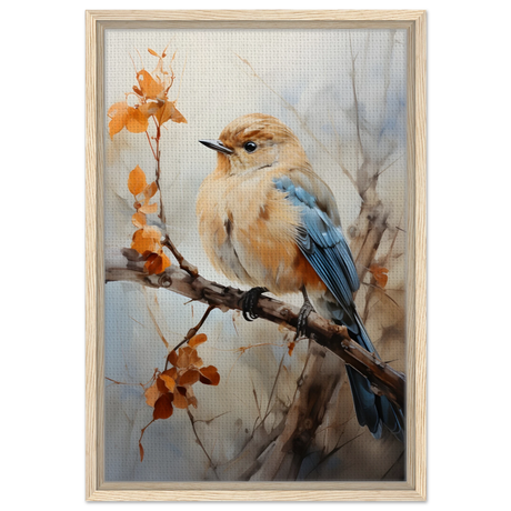 Golden Bluebird on Autumn Branch – Nature Wall Art Print - Framed Canvas - 40x60 cm / 16x24″ - Wood frame