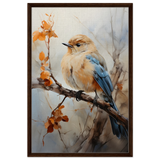 Golden Bluebird on Autumn Branch – Nature Wall Art Print - Framed Canvas - 60x90 cm / 24x36″ - Dark wood frame