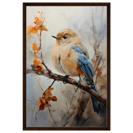 Golden Bluebird on Autumn Branch – Nature Wall Art Print - Framed Canvas - 60x90 cm / 24x36″ - Dark wood frame