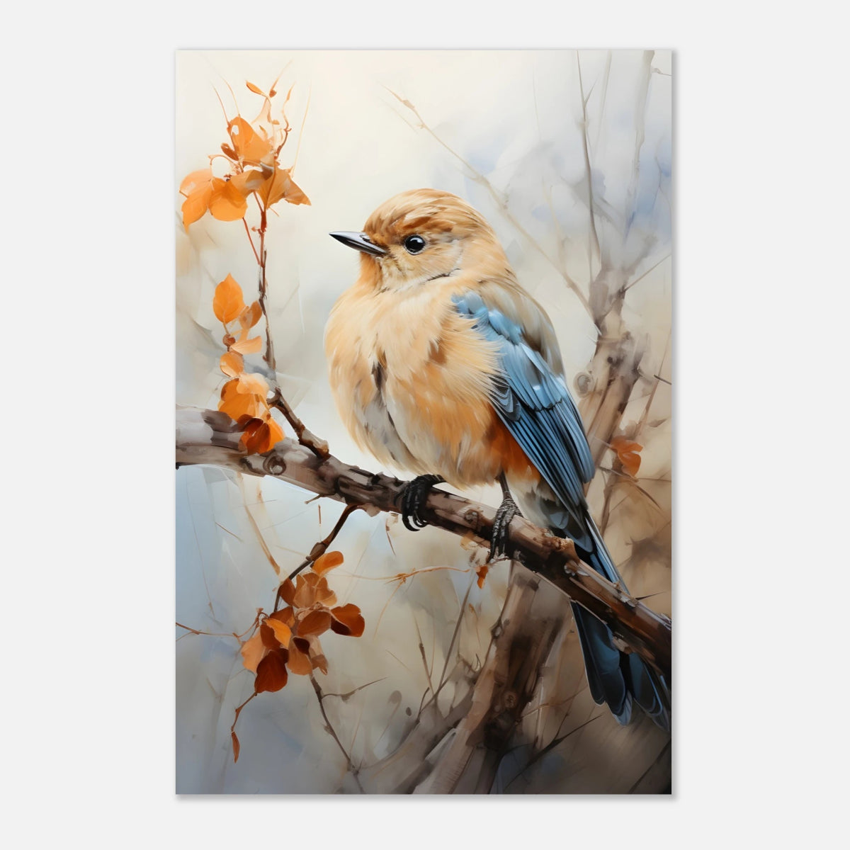 Golden Bluebird on Autumn Branch – Nature Wall Art Print - Aluminum Print - 40x60 cm / 16x24″ - 