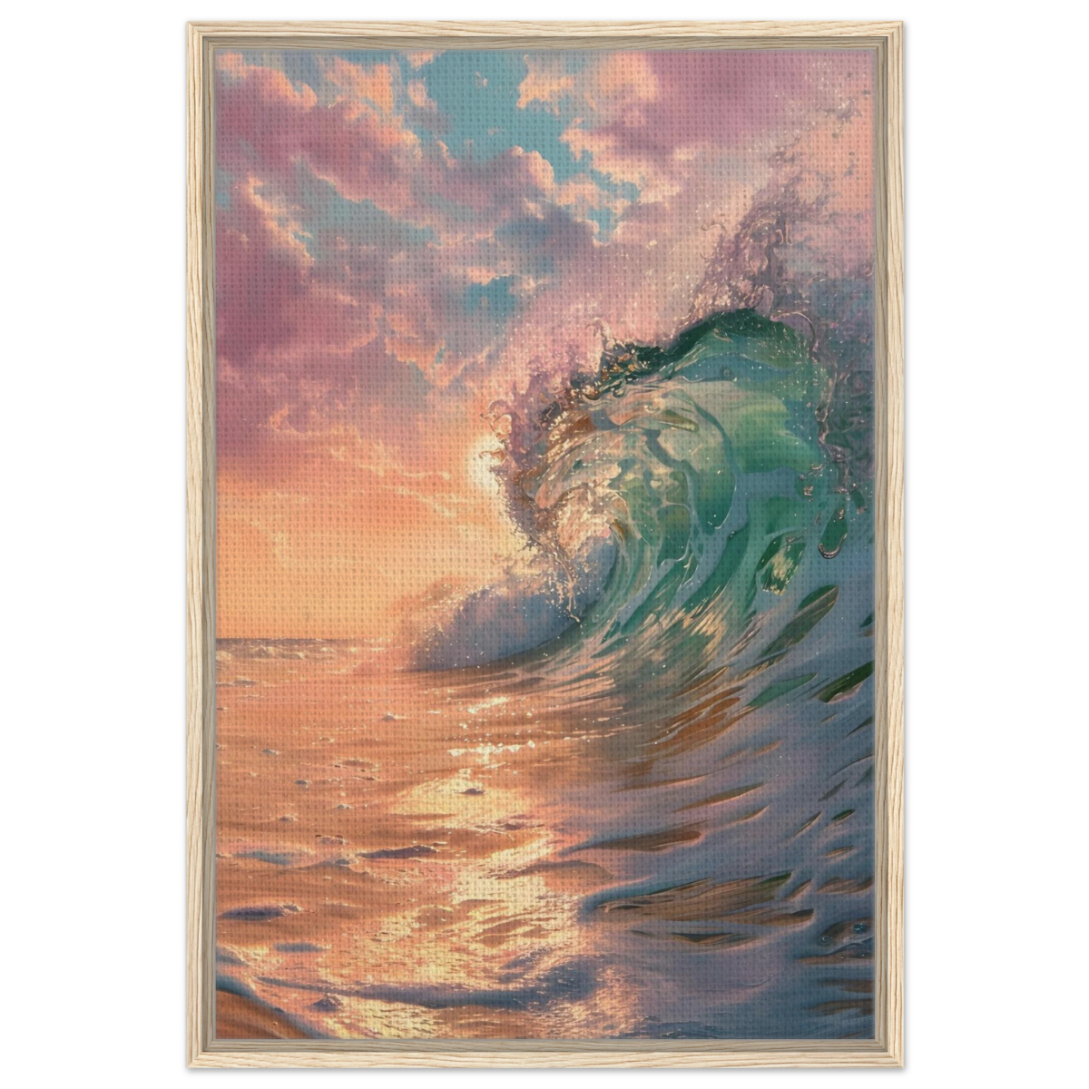 "Golden Curl" – Sunset Ocean Wave Wall Art Print - Framed Canvas - 60x90 cm / 24x36″ - Wood frame