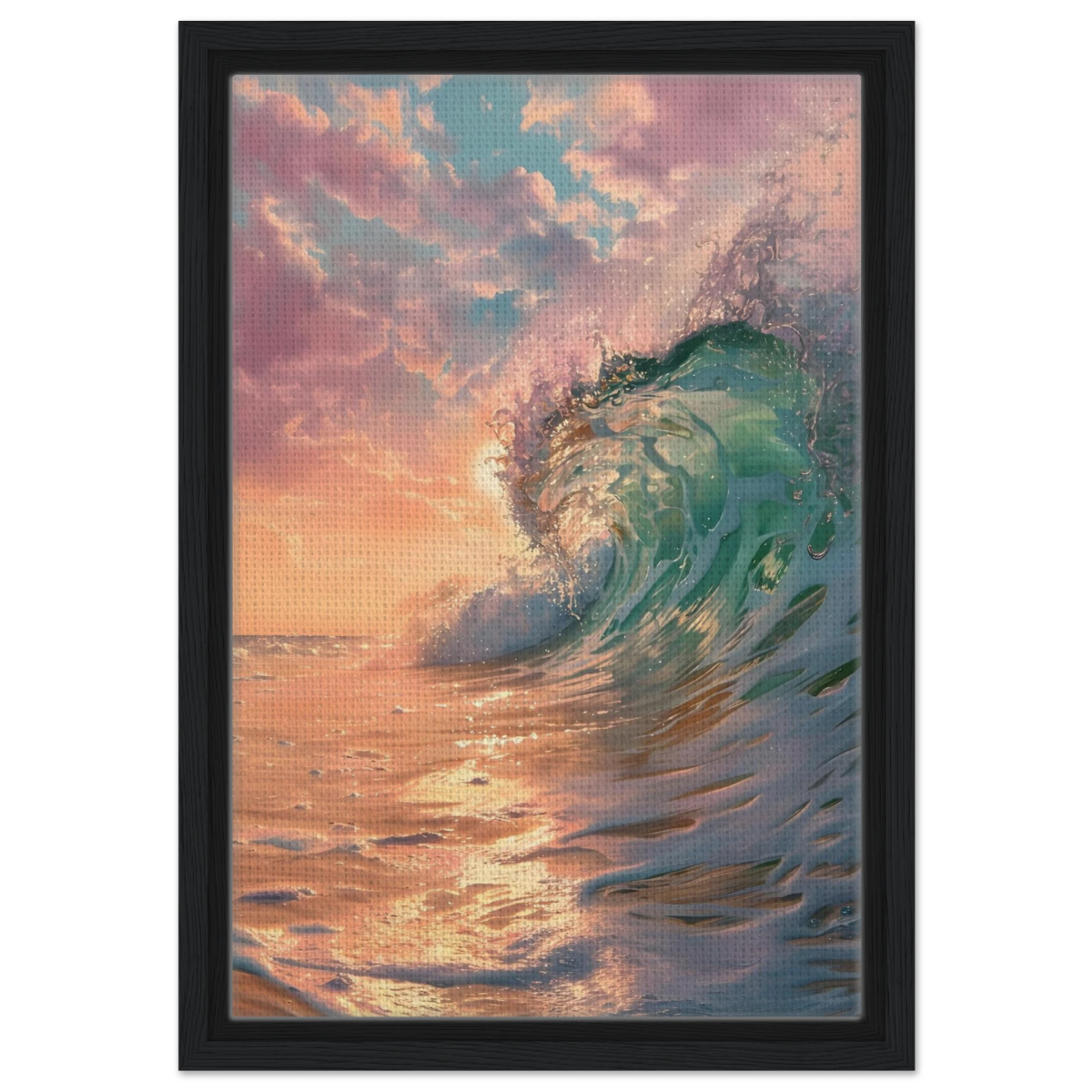 "Golden Curl" – Sunset Ocean Wave Wall Art Print - Framed Canvas - 30x45 cm / 12x18″ - Black frame