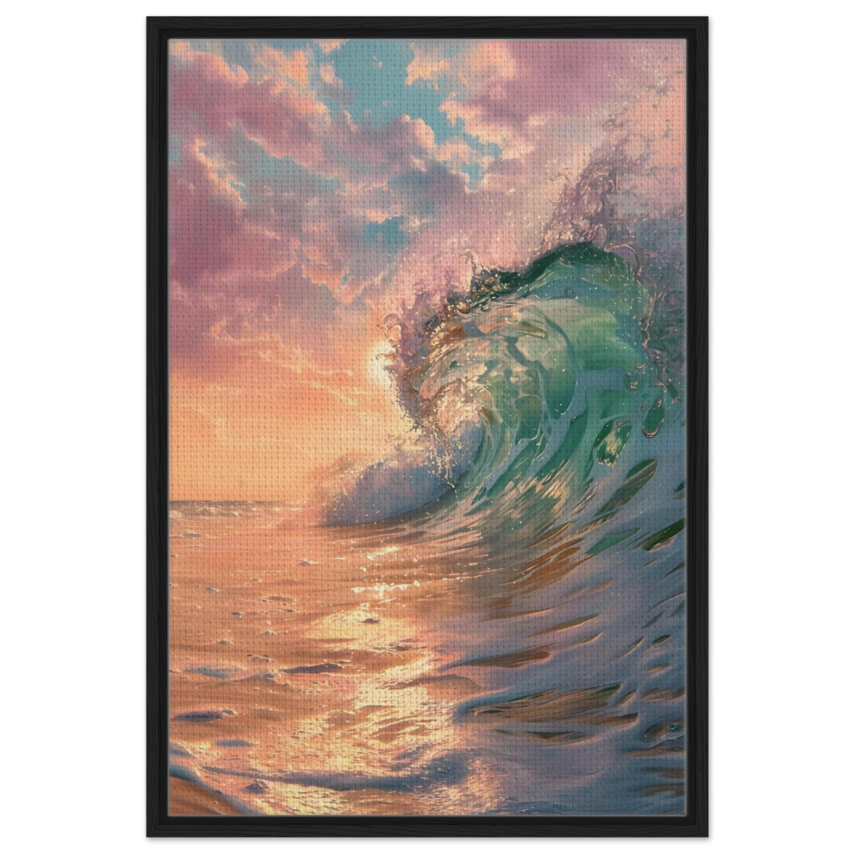 "Golden Curl" – Sunset Ocean Wave Wall Art Print - Framed Canvas - 60x90 cm / 24x36″ - Black frame