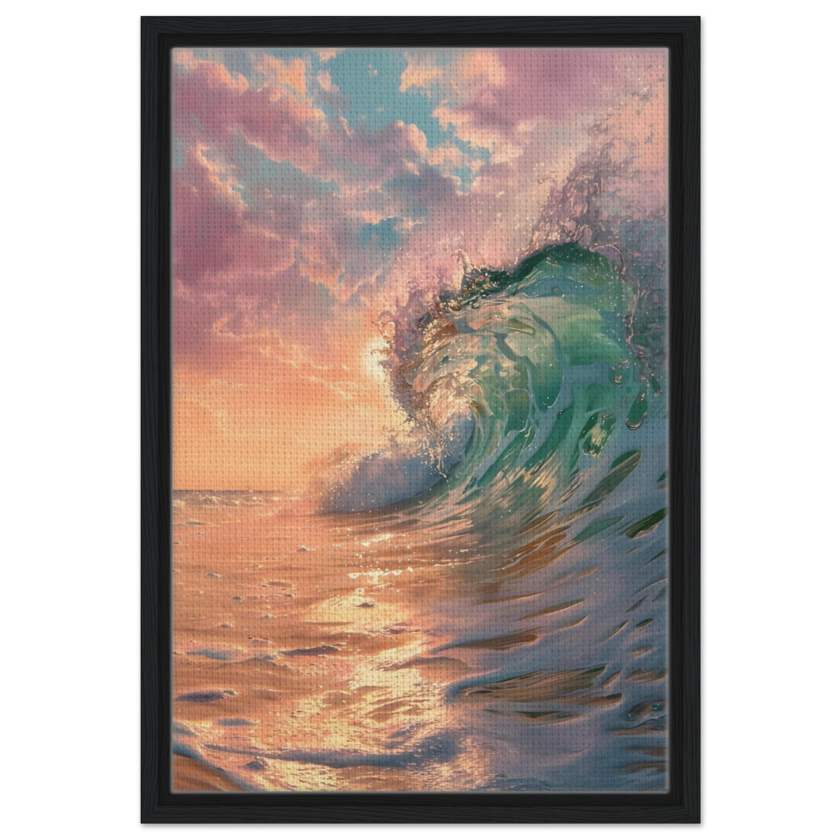 "Golden Curl" – Sunset Ocean Wave Wall Art Print - Framed Canvas - 40x60 cm / 16x24″ - Black frame