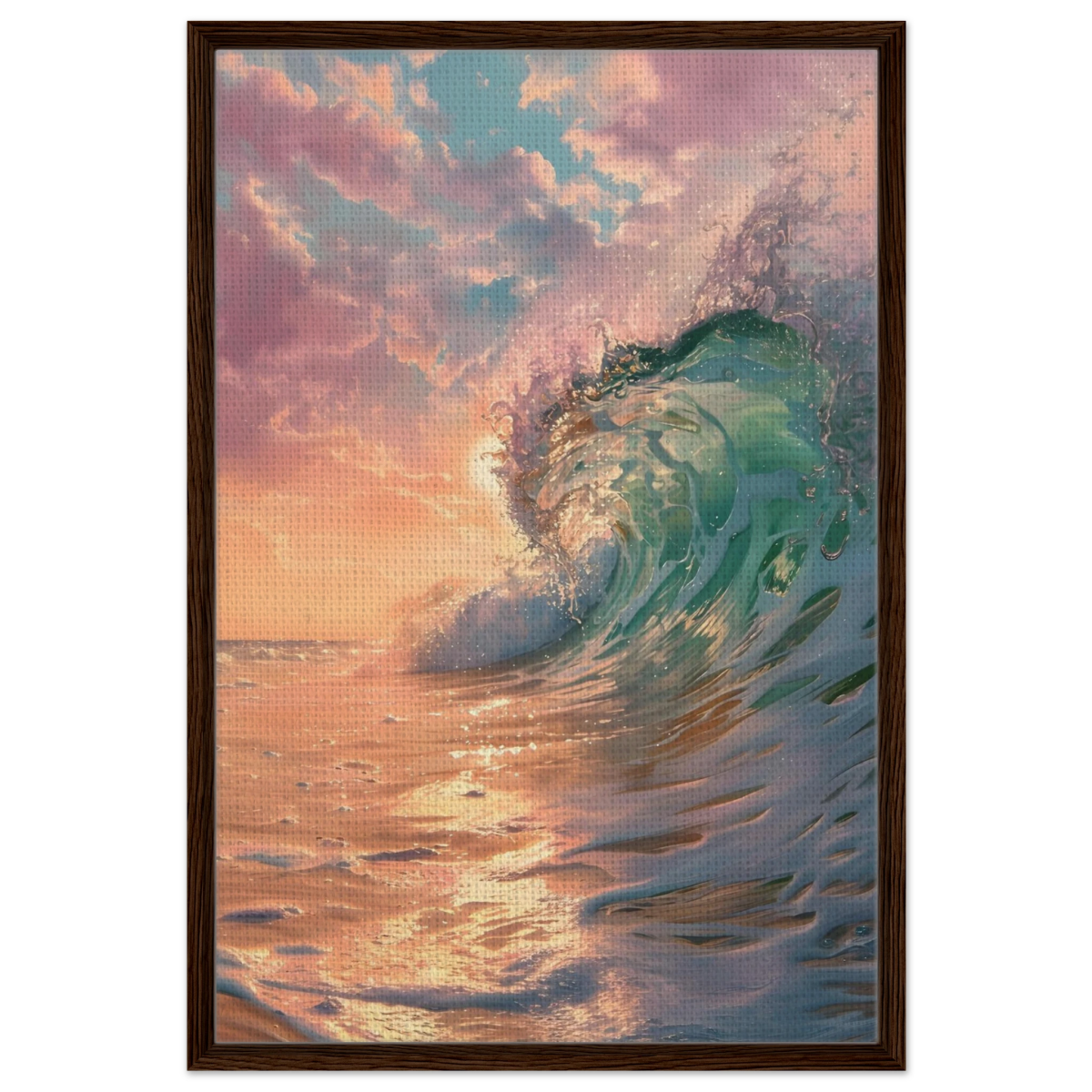 "Golden Curl" – Sunset Ocean Wave Wall Art Print - Framed Canvas - 60x90 cm / 24x36″ - Dark wood frame