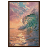 "Golden Curl" – Sunset Ocean Wave Wall Art Print - Framed Canvas - 60x90 cm / 24x36″ - Dark wood frame