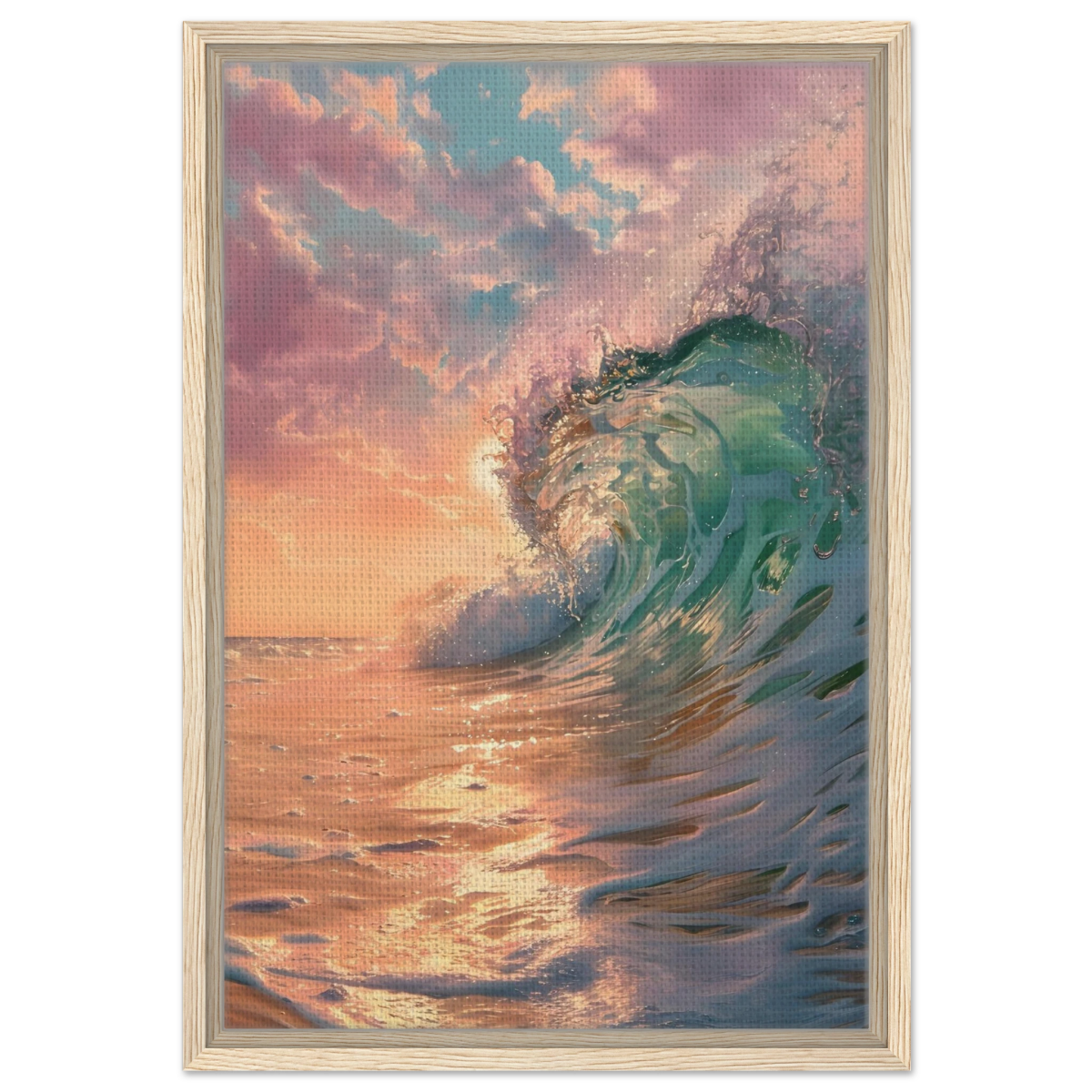 "Golden Curl" – Sunset Ocean Wave Wall Art Print - Framed Canvas - 40x60 cm / 16x24″ - Wood frame