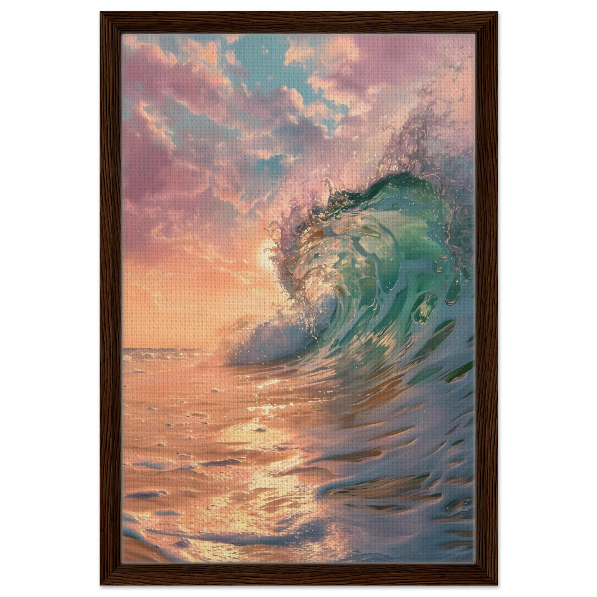 "Golden Curl" – Sunset Ocean Wave Wall Art Print - Framed Canvas - 40x60 cm / 16x24″ - Dark wood frame