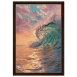"Golden Curl" – Sunset Ocean Wave Wall Art Print - Framed Canvas - 40x60 cm / 16x24″ - Dark wood frame