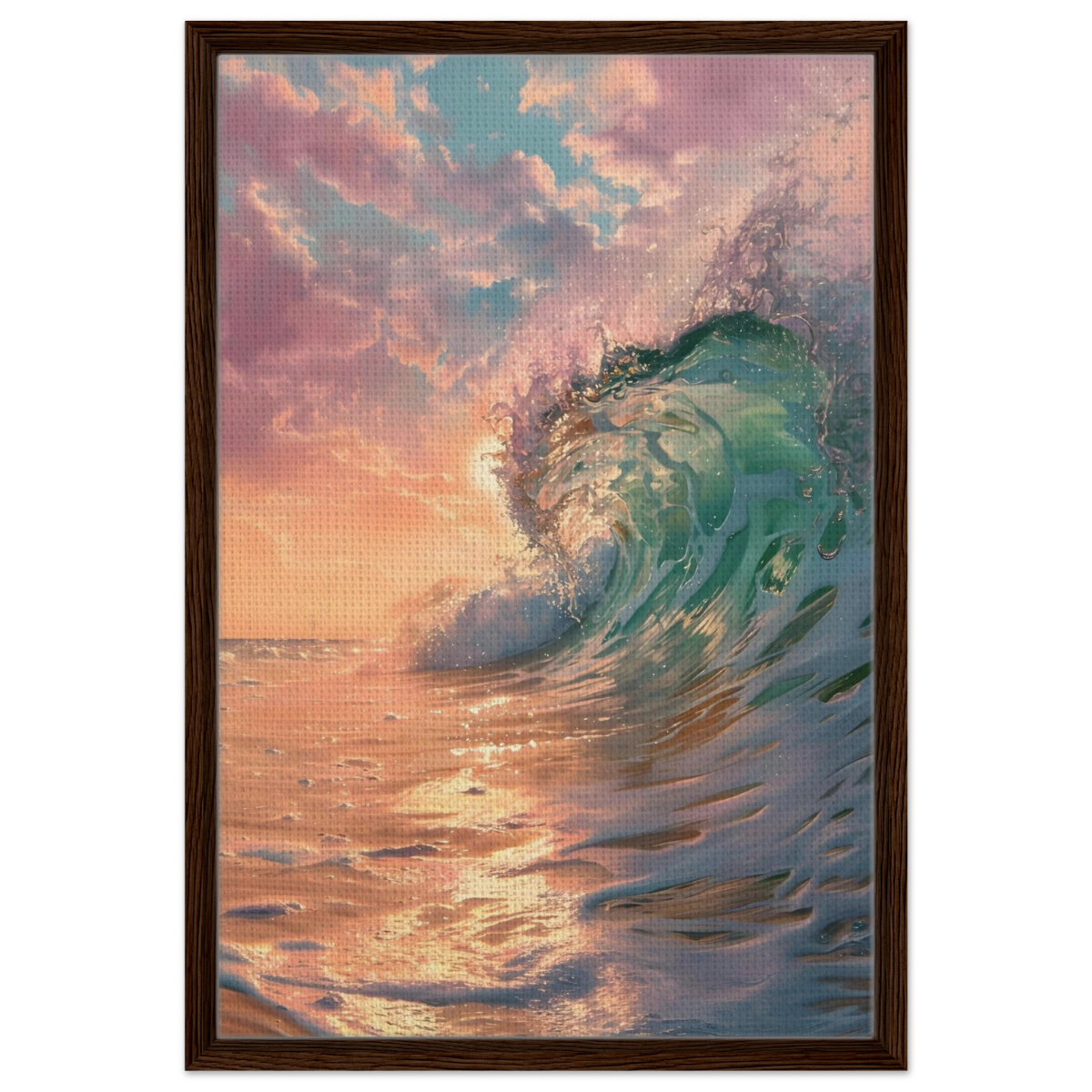 "Golden Curl" – Sunset Ocean Wave Wall Art Print - Framed Canvas - 50x75 cm / 20x30″ - Dark wood frame