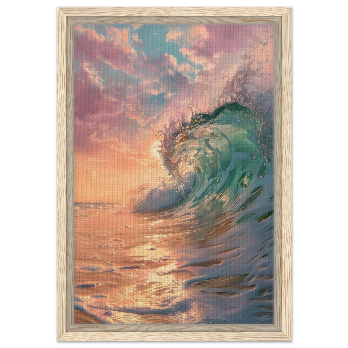 "Golden Curl" – Sunset Ocean Wave Wall Art Print - Framed Canvas - 30x45 cm / 12x18″ - Wood frame