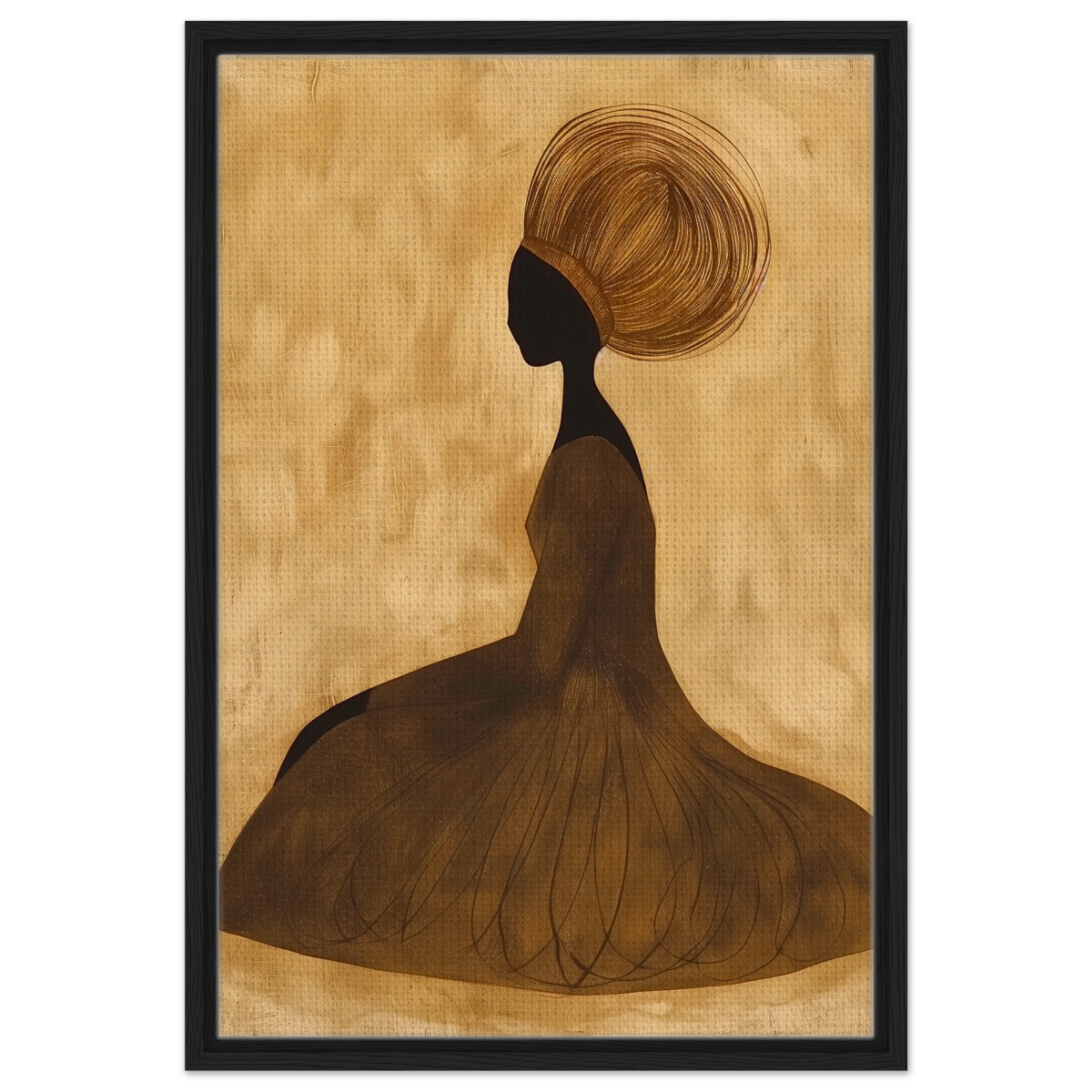 Golden Grace – Afrocentric Minimalist Silhouette Wall Art Print - Framed Canvas - 50x75 cm / 20x30″ - Black frame