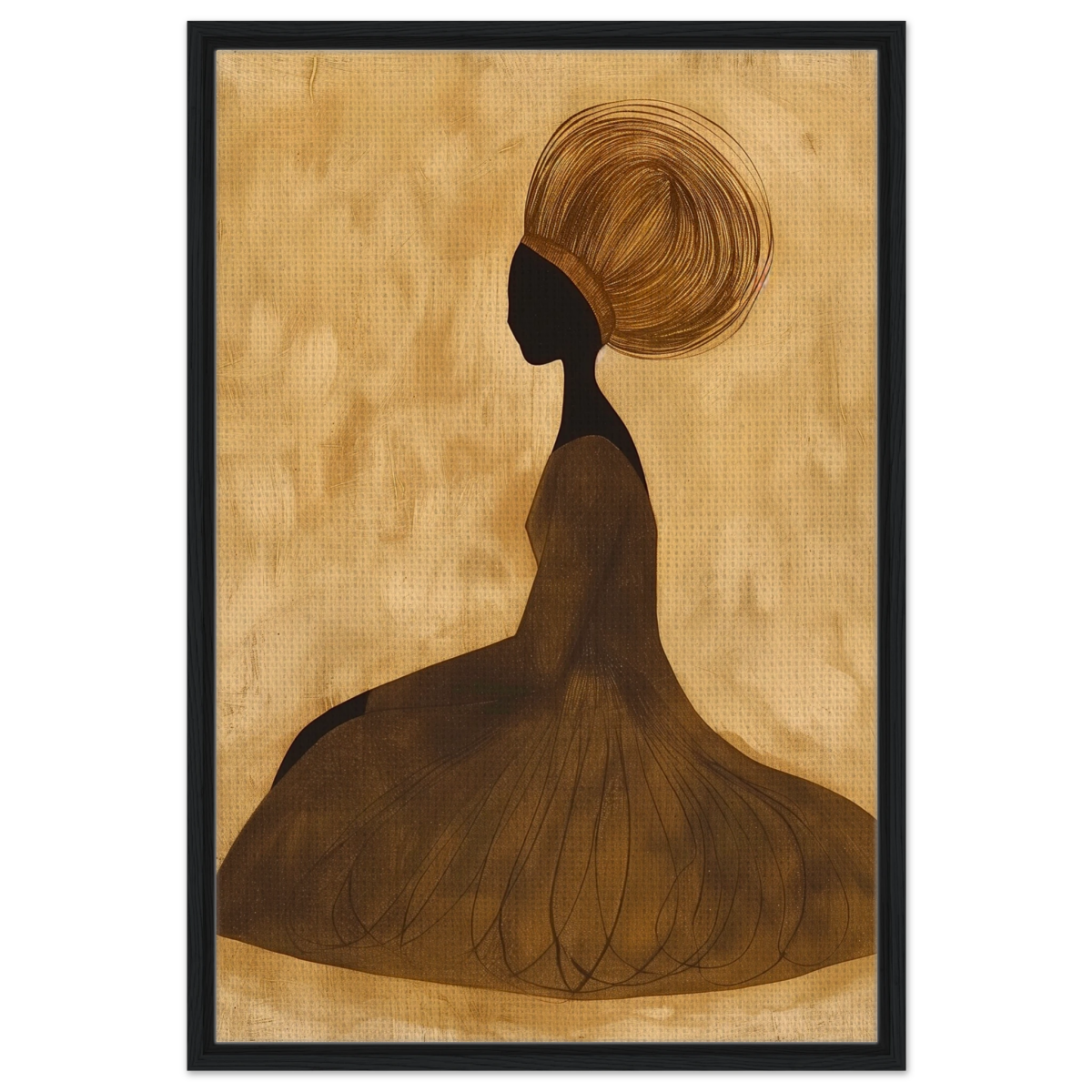 Golden Grace – Afrocentric Minimalist Silhouette Wall Art Print - Framed Canvas - 60x90 cm / 24x36″ - Black frame