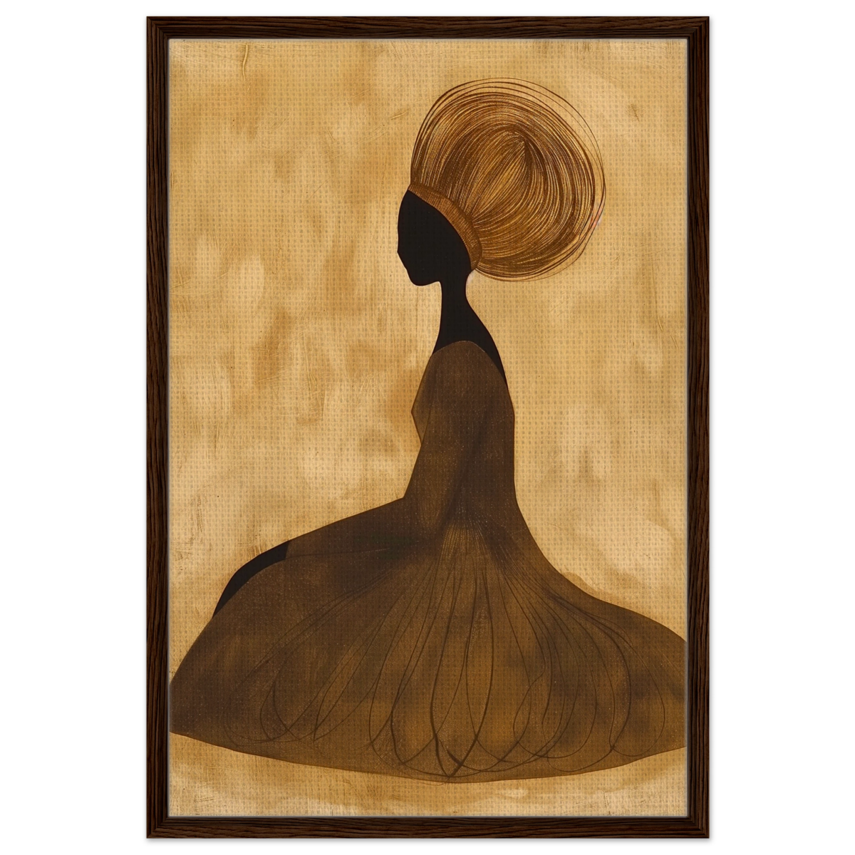 Golden Grace – Afrocentric Minimalist Silhouette Wall Art Print - Framed Canvas - 60x90 cm / 24x36″ - Dark wood frame