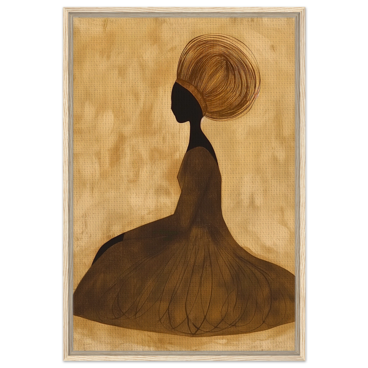 Golden Grace – Afrocentric Minimalist Silhouette Wall Art Print - Framed Canvas - 60x90 cm / 24x36″ - Wood frame
