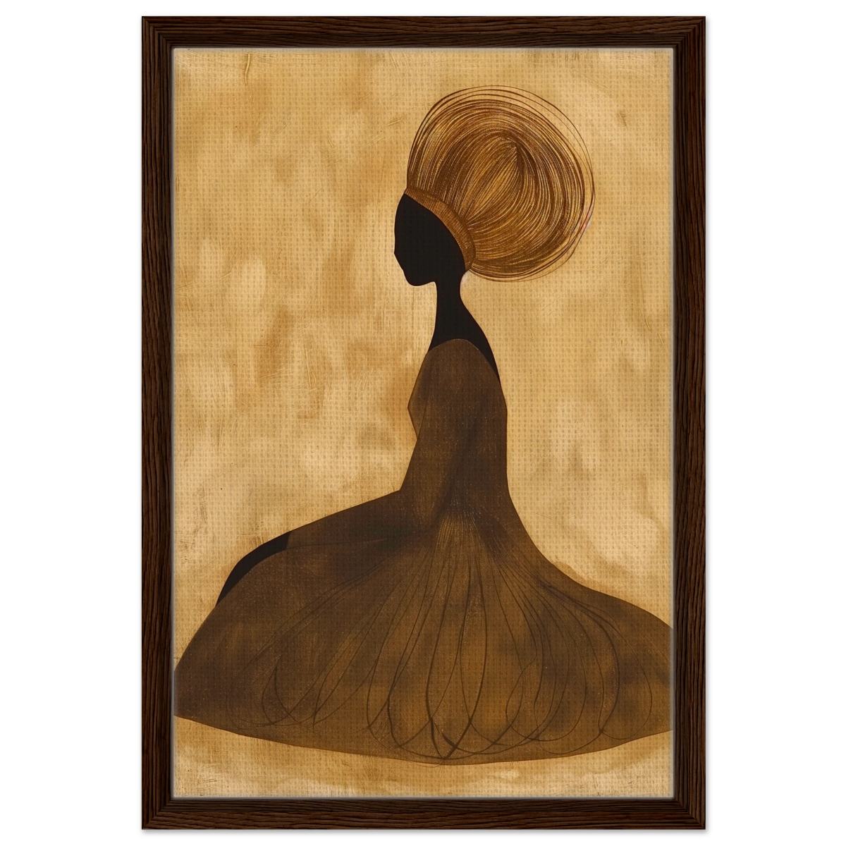 Golden Grace – Afrocentric Minimalist Silhouette Wall Art Print - Framed Canvas - 40x60 cm / 16x24″ - Dark wood frame