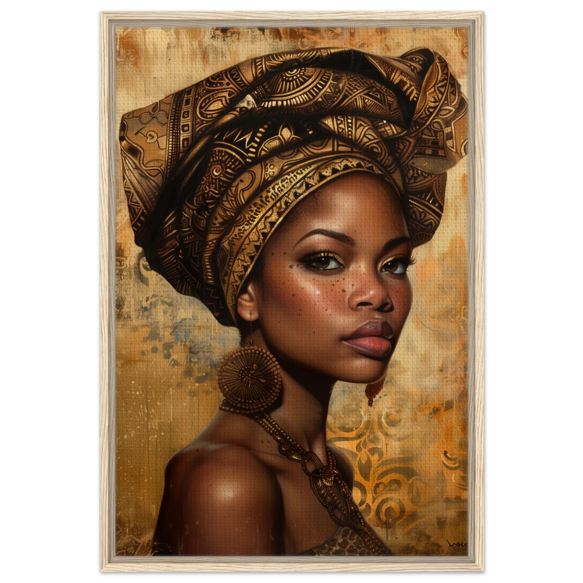 "Golden Heritage" – Regal Portrait Art Print | African Theme wall art print - Framed Canvas - 60x90 cm / 24x36″ - Wood frame