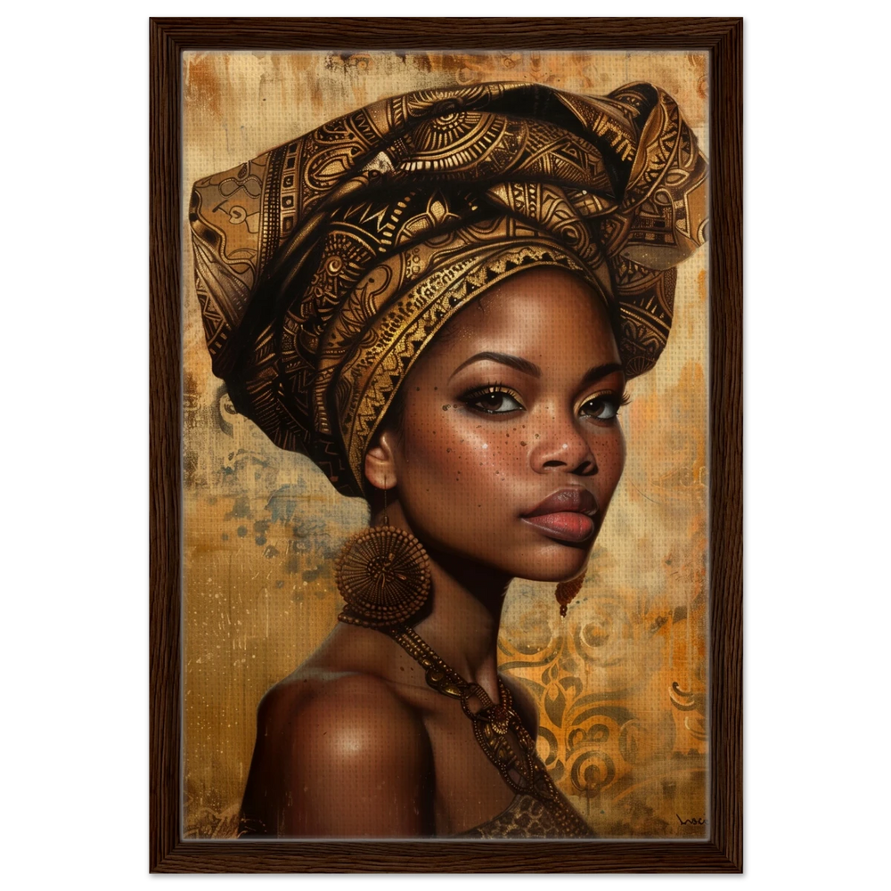 "Golden Heritage" – Regal Portrait Art Print | African Theme wall art print - Framed Canvas - 40x60 cm / 16x24″ - Dark wood frame