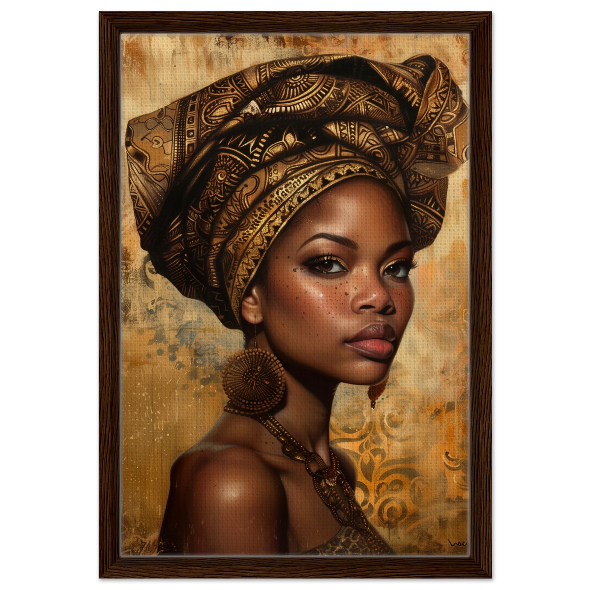 "Golden Heritage" – Regal Portrait Art Print | African Theme wall art print - Framed Canvas - 40x60 cm / 16x24″ - Dark wood frame