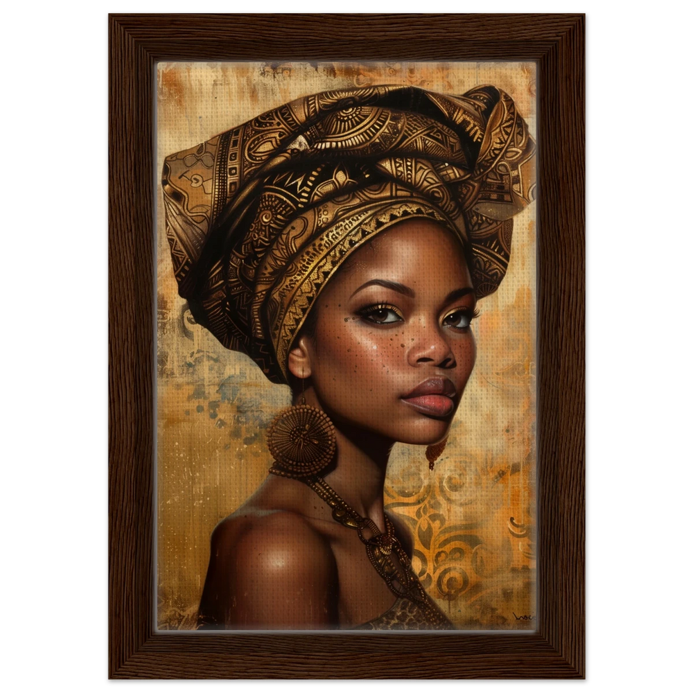 "Golden Heritage" – Regal Portrait Art Print | African Theme wall art print - Framed Canvas - 20x30 cm / 8x12″ - Dark wood frame