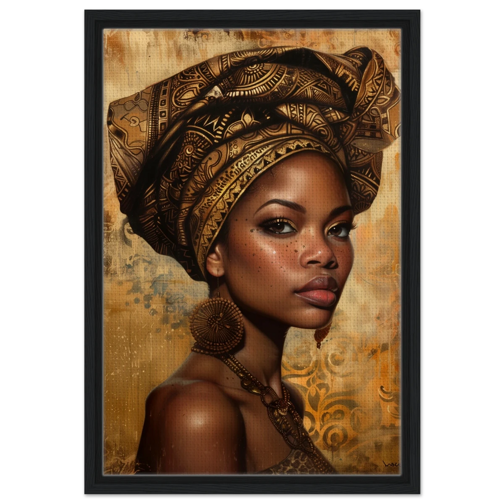 "Golden Heritage" – Regal Portrait Art Print | African Theme wall art print - Framed Canvas - 40x60 cm / 16x24″ - Black frame