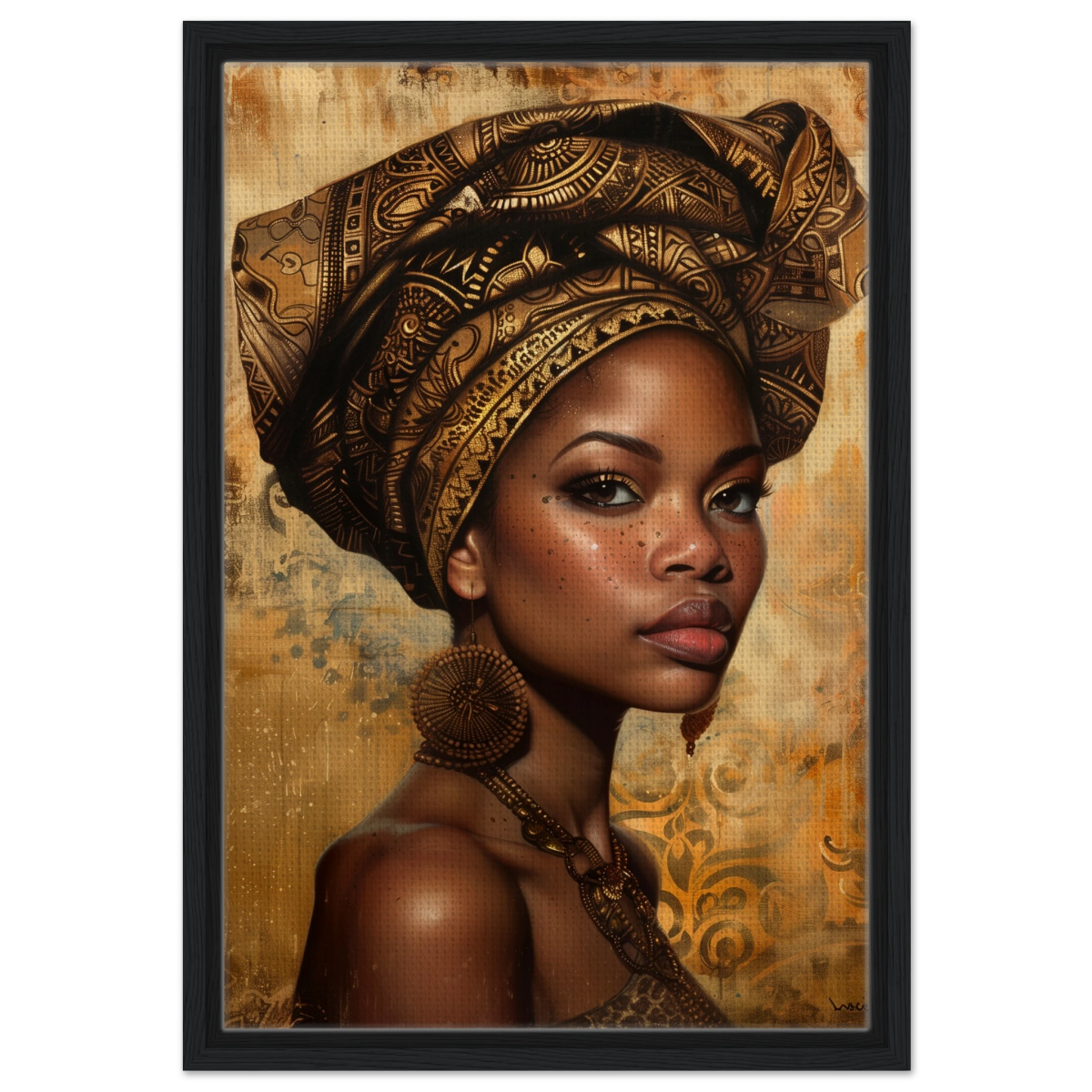 "Golden Heritage" – Regal Portrait Art Print | African Theme wall art print - Framed Canvas - 40x60 cm / 16x24″ - Black frame