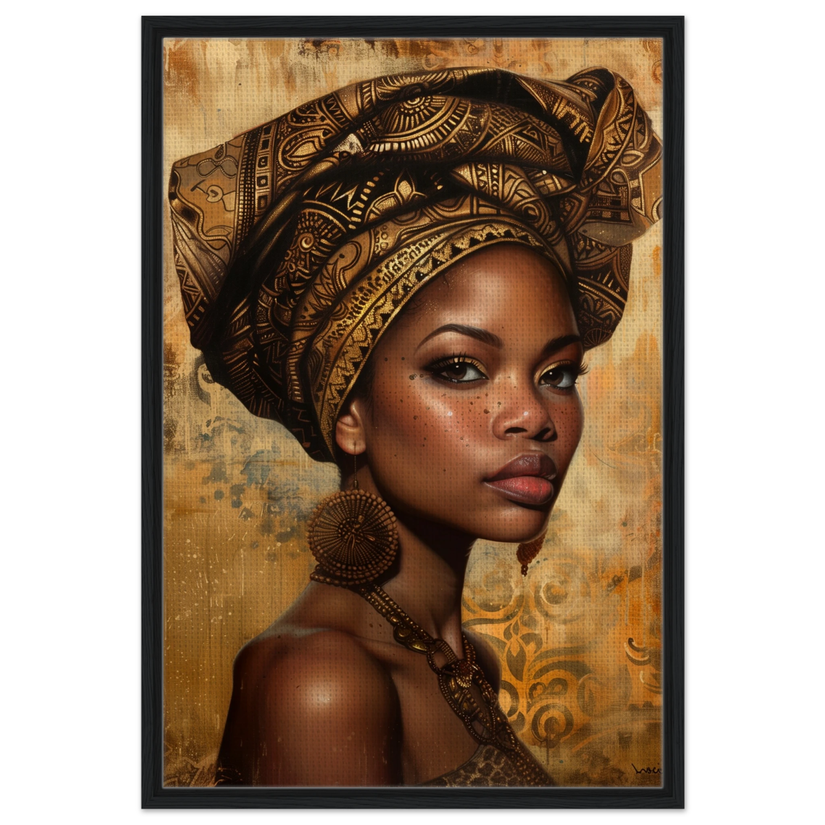 "Golden Heritage" – Regal Portrait Art Print | African Theme wall art print - Framed Canvas - 60x90 cm / 24x36″ - Black frame