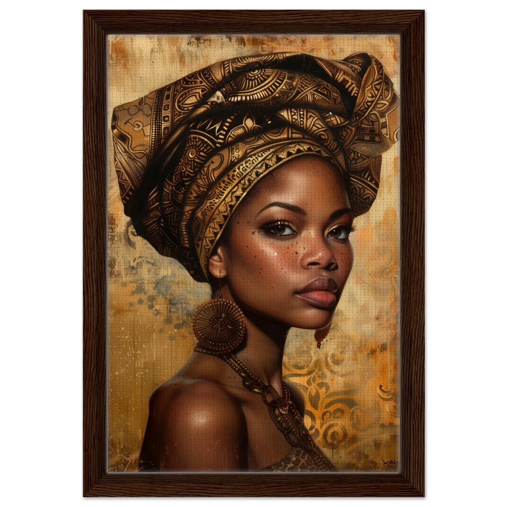 "Golden Heritage" – Regal Portrait Art Print | African Theme wall art print - Framed Canvas - 30x45 cm / 12x18″ - Dark wood frame