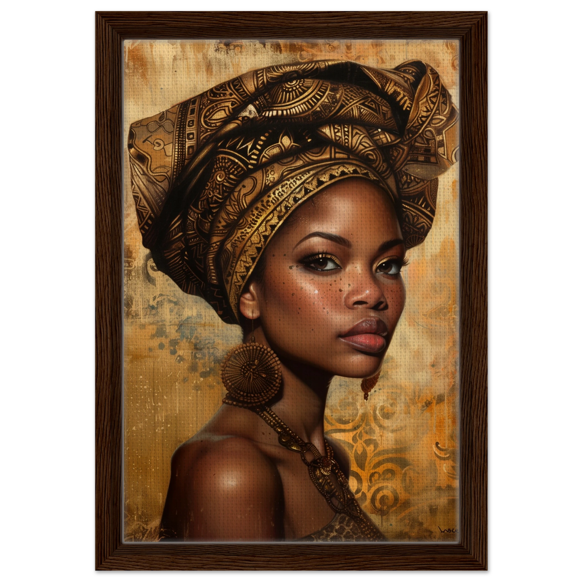 "Golden Heritage" – Regal Portrait Art Print | African Theme wall art print - Framed Canvas - 30x45 cm / 12x18″ - Dark wood frame