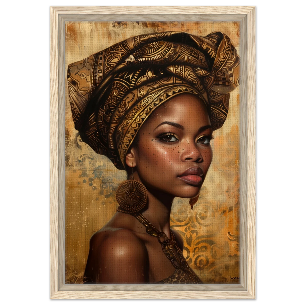 "Golden Heritage" – Regal Portrait Art Print | African Theme wall art print - Framed Canvas - 30x45 cm / 12x18″ - Wood frame