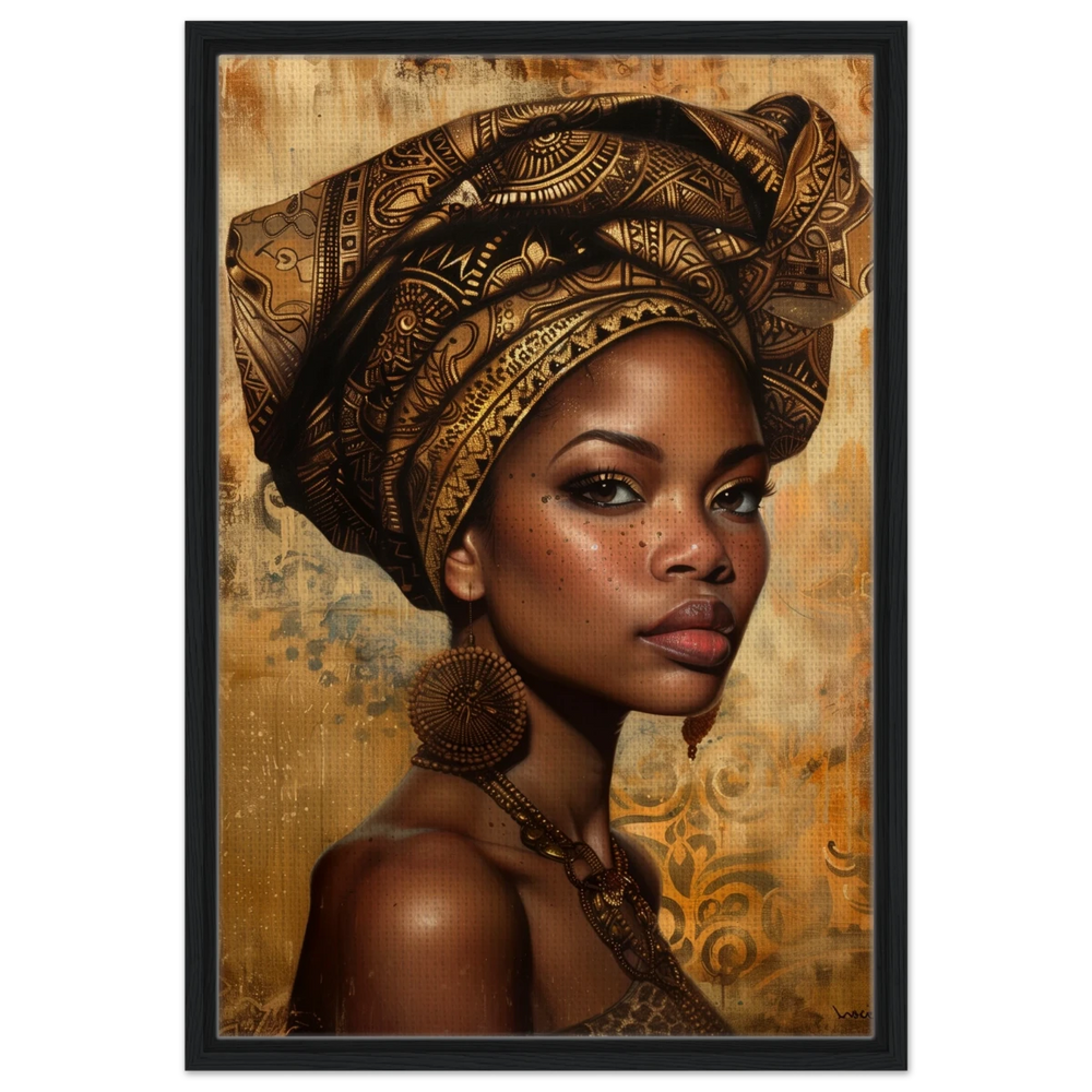"Golden Heritage" – Regal Portrait Art Print | African Theme wall art print - Framed Canvas - 50x75 cm / 20x30″ - Black frame