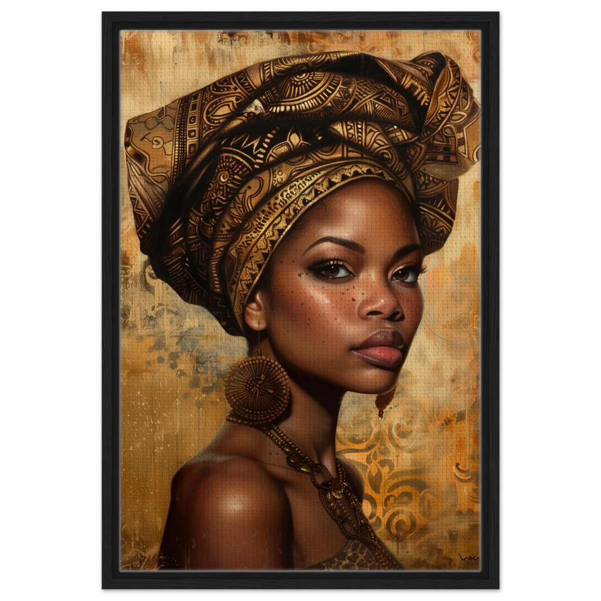 "Golden Heritage" – Regal Portrait Art Print | African Theme wall art print - Framed Canvas - 50x75 cm / 20x30″ - Black frame