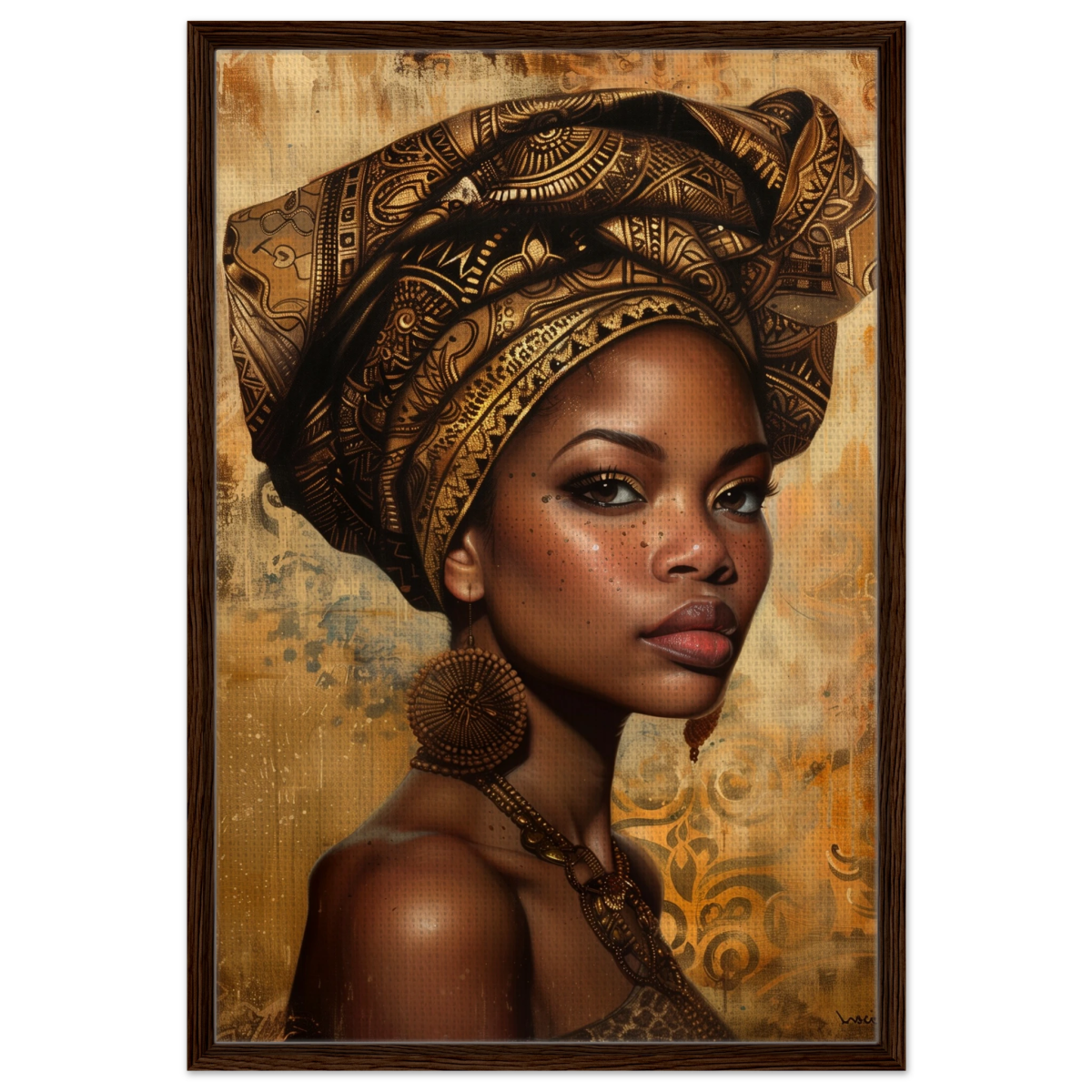 "Golden Heritage" – Regal Portrait Art Print | African Theme wall art print - Framed Canvas - 60x90 cm / 24x36″ - Dark wood frame
