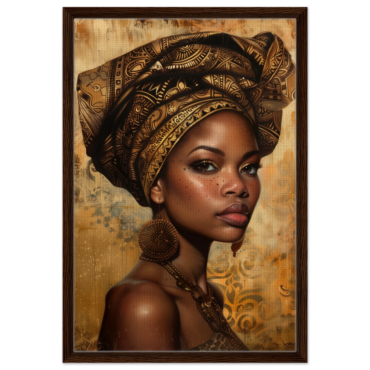 "Golden Heritage" – Regal Portrait Art Print | African Theme wall art print - Framed Canvas - 50x75 cm / 20x30″ - Dark wood frame