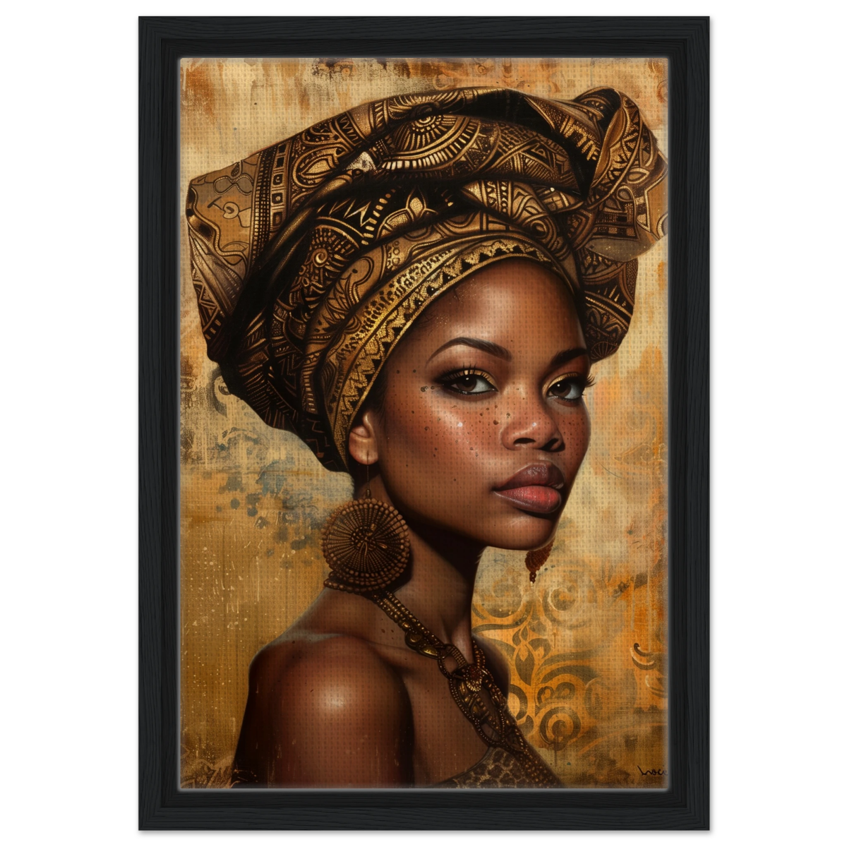 "Golden Heritage" – Regal Portrait Art Print | African Theme wall art print - Framed Canvas - 30x45 cm / 12x18″ - Black frame