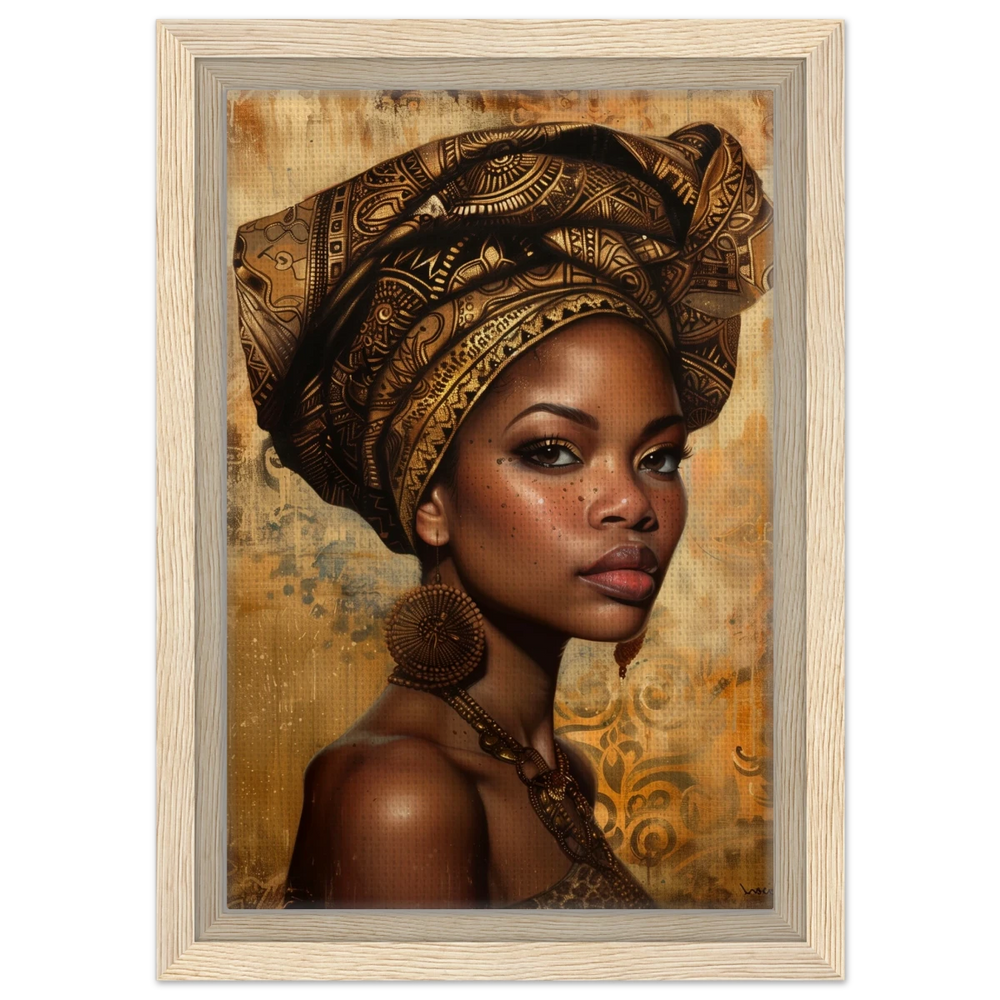 "Golden Heritage" – Regal Portrait Art Print | African Theme wall art print - Framed Canvas - 20x30 cm / 8x12″ - Wood frame