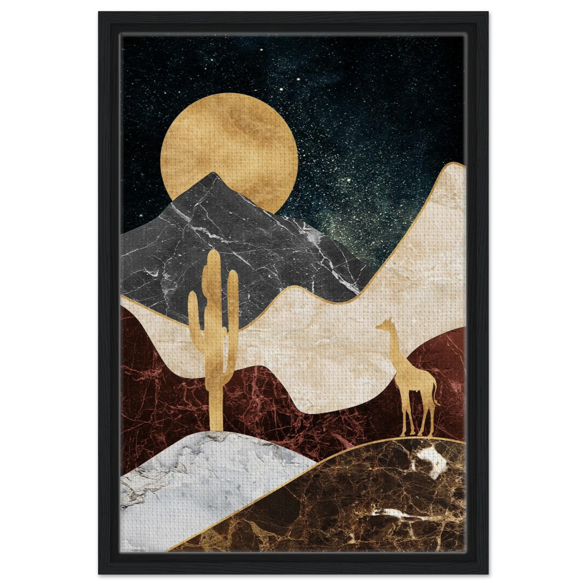 "Golden Horizon Safari" – Abstract Wilderness in Luxe Texture | Wall art Print - Framed Canvas - 40x60 cm / 16x24″ - Black frame