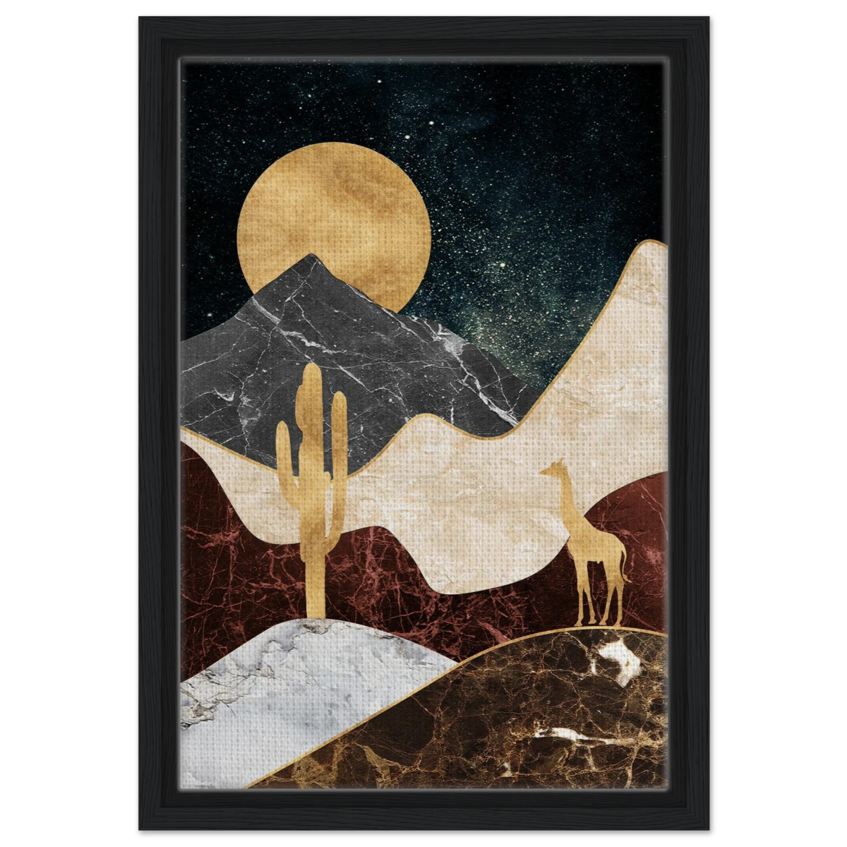 "Golden Horizon Safari" – Abstract Wilderness in Luxe Texture | Wall art Print - Framed Canvas - 30x45 cm / 12x18″ - Black frame